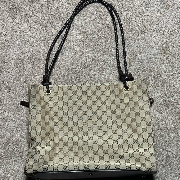 Gucci Tote GG Biege Tan Leather Brown Shoulder Bag Braided Handle - Picture 2 of 16